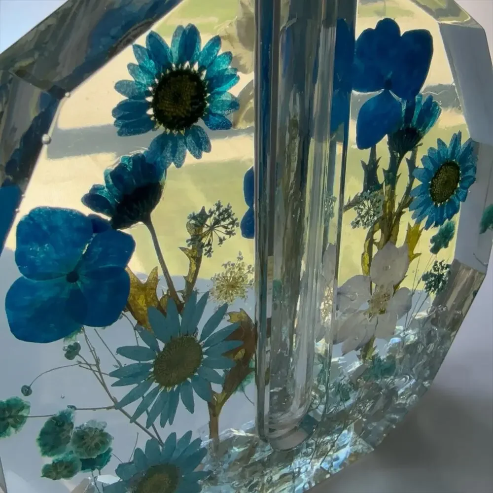 Forever Bloom Blue Meadow Bud Vase Real Pressed Flowers in Crystal Clear Resin